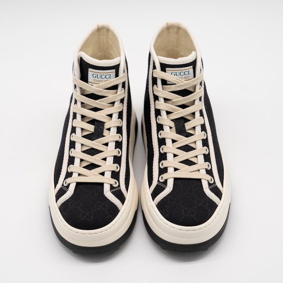 38G 8 US Gucci High Tennis 1977 Black High Top White Canvas Sneakers - Picture 3 of 11